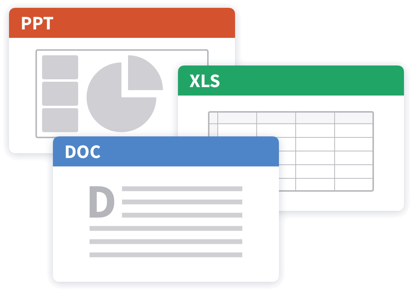 Cartões de documentos PPT, XLS e DOC